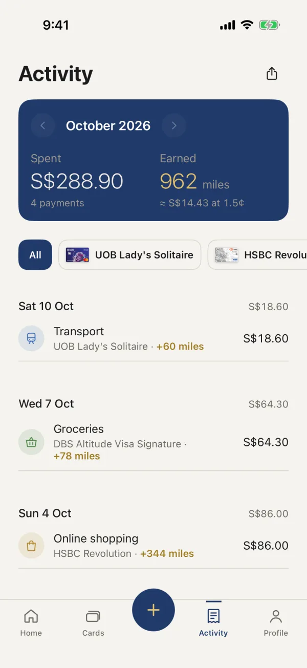Activity for October 2026 with spending and miles earned