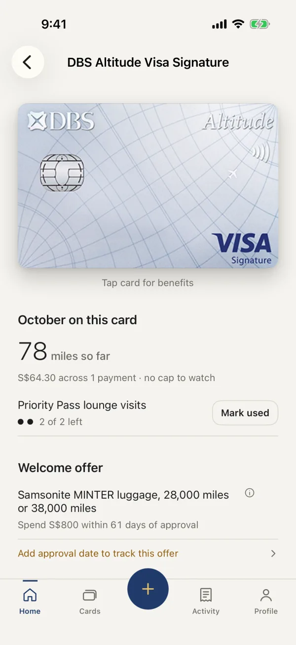 Card page for DBS Altitude Visa Signature with lounge visits and welcome offer
