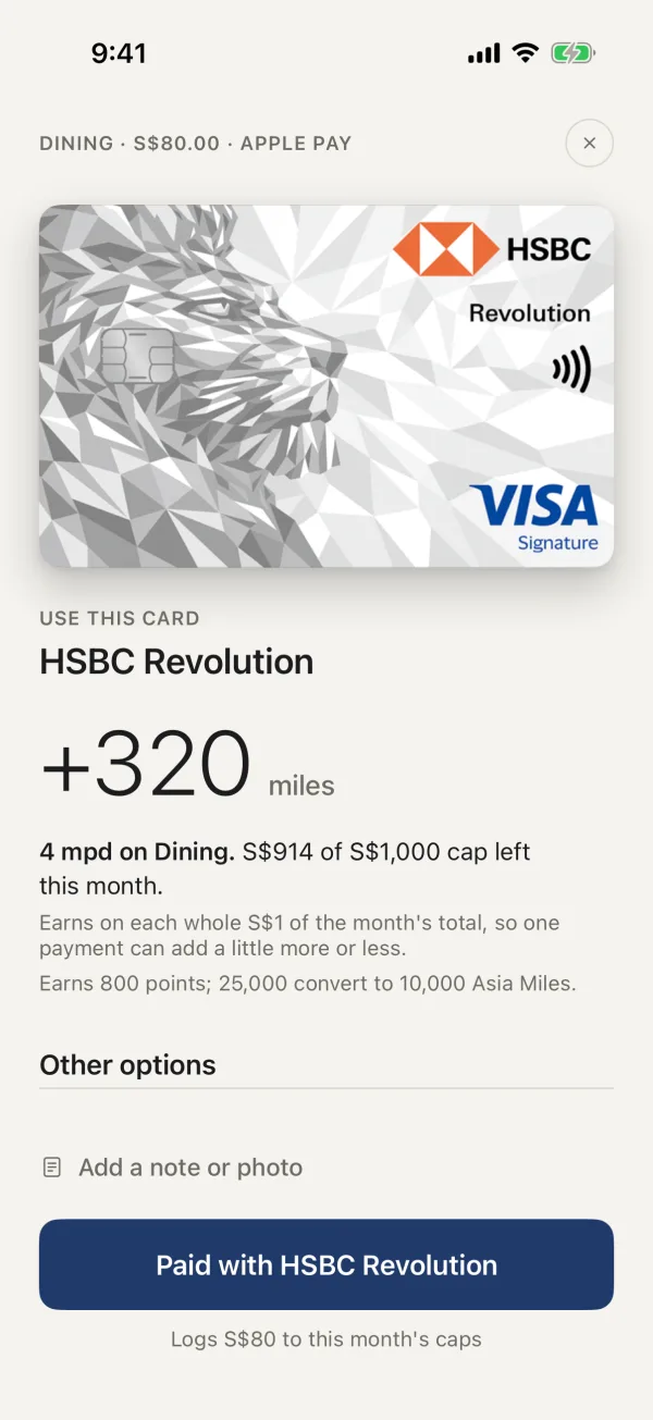 Cardelier recommending HSBC Revolution for an S$80 dining payment